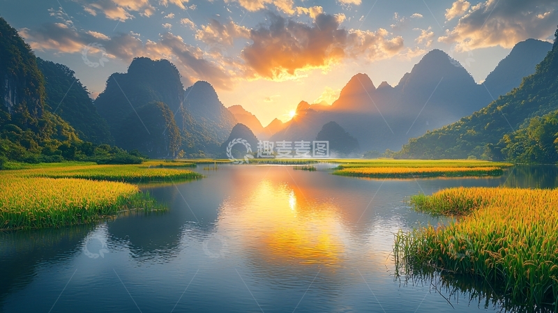 高清大图下载【趣麦麦图】山水日落