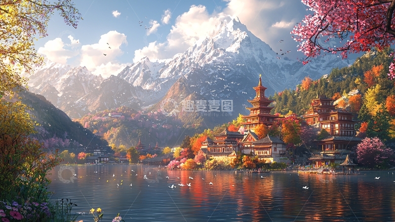 高清大图下载【趣麦麦图】雪山下的宁静古寺