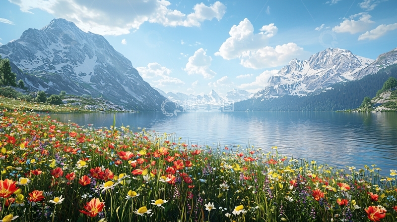 高清大图下载【趣麦麦图】阿尔卑斯山脉鲜花湖泊