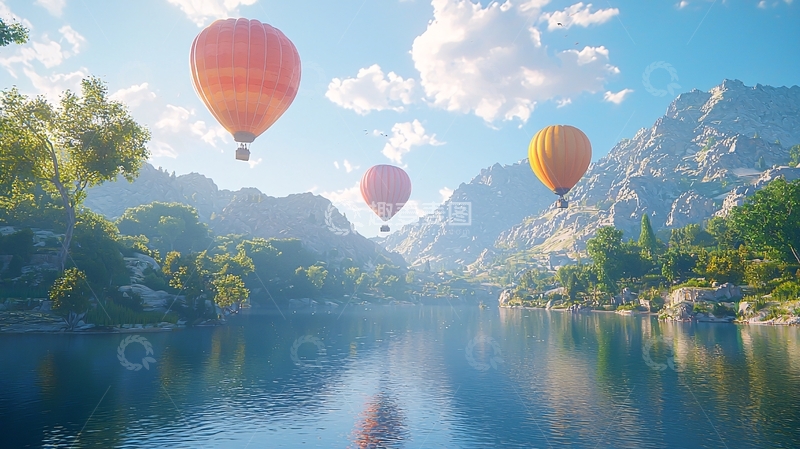 高清大图下载【趣麦麦图】热气球飞跃山峦湖泊