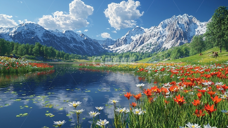 高清大图下载【趣麦麦图】雪山草原湖泊鲜花