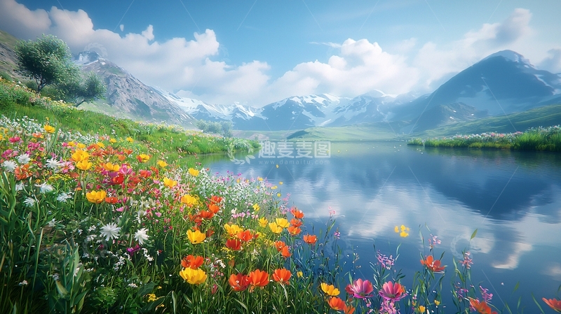 高清大图下载【趣麦麦图】山间湖泊鲜花盛开