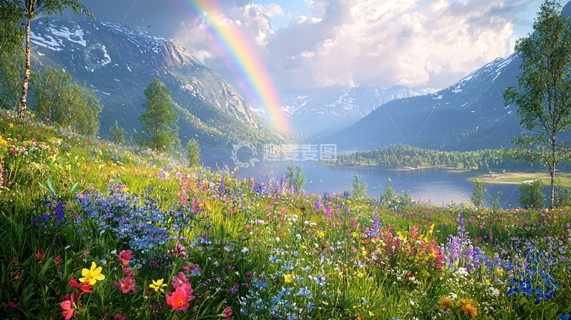 高清大图下载【趣麦麦图】彩虹山川花海