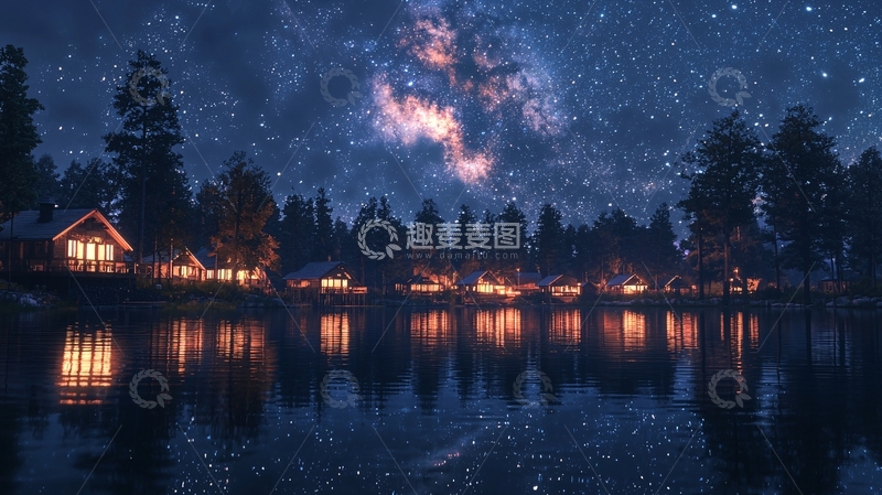 高清大图下载【趣麦麦图】星空下的湖边小屋