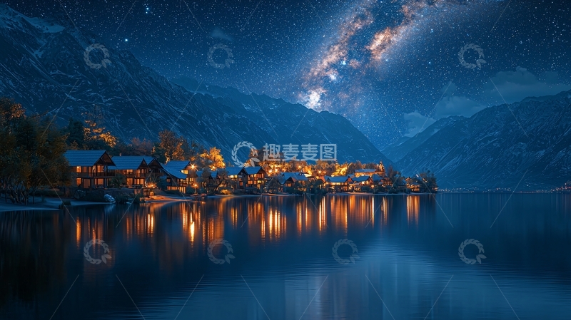 高清大图下载【趣麦麦图】星空下的湖边小镇