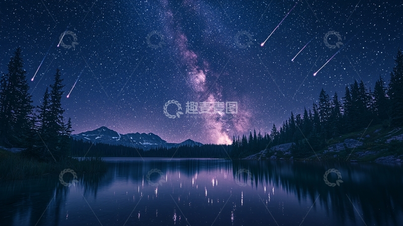 高清大图下载【趣麦麦图】星空湖泊流星雨
