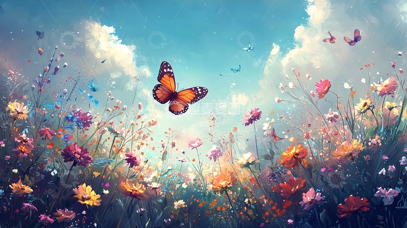 高清大图下载【趣麦麦图】蓝天白云下飞舞的蝴蝶