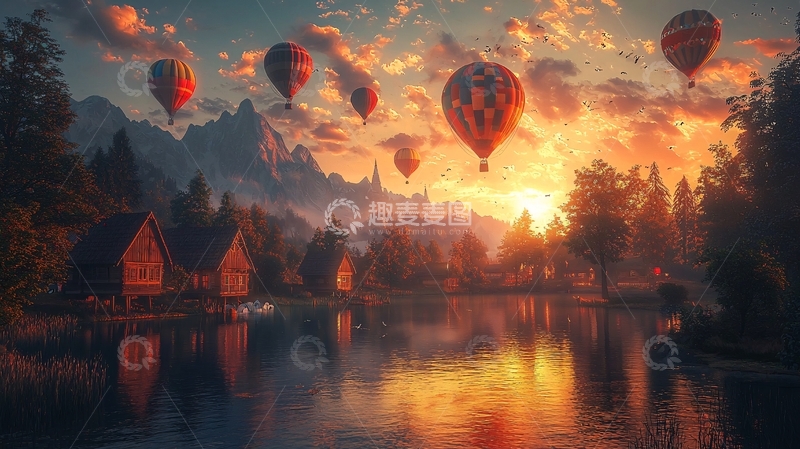 高清大图下载【趣麦麦图】日落热气球山峦湖景