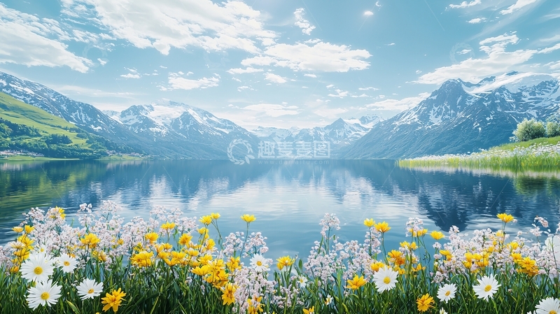 高清大图下载【趣麦麦图】阿尔卑斯山湖泊鲜花