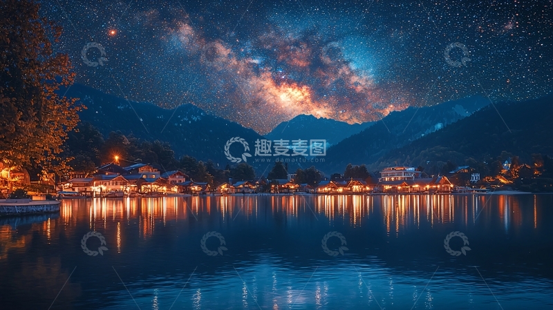 高清大图下载【趣麦麦图】星空下的湖边小镇