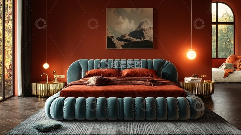 高清大图下载【趣麦麦图】红棕色卧室高级质感床