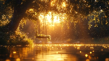 夕阳下树荫中的秋千