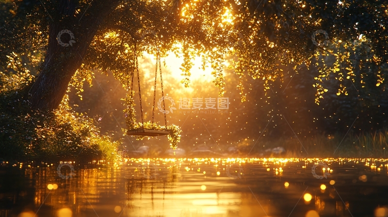 高清大图下载【趣麦麦图】夕阳下树荫中的秋千