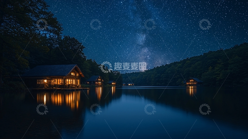 高清大图下载【趣麦麦图】星空下的湖边木屋