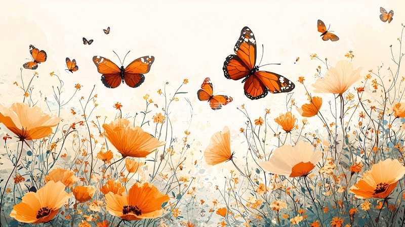 高清大图下载【趣麦麦图】橙色蝴蝶飞舞花海