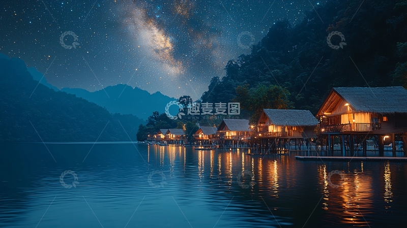 高清大图下载【趣麦麦图】星空下的湖边木屋