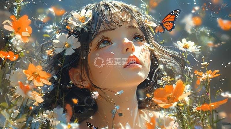 高清大图下载【趣麦麦图】花丛中仰望的女孩