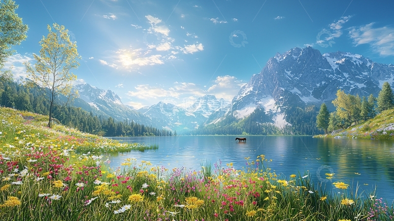 高清大图下载【趣麦麦图】阳光明媚的阿尔卑斯山湖景