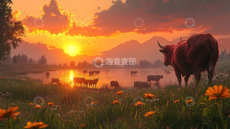 高清大图下载【趣麦麦图】夕阳下湖边牛群