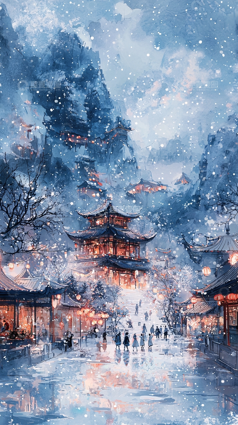 高清大图下载【趣麦麦图】雪景古镇