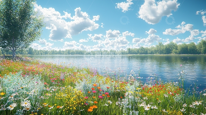 高清大图下载【趣麦麦图】阳光明媚湖边野花