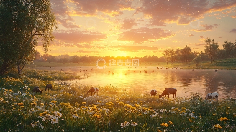 高清大图下载【趣麦麦图】夕阳西下草原牧场