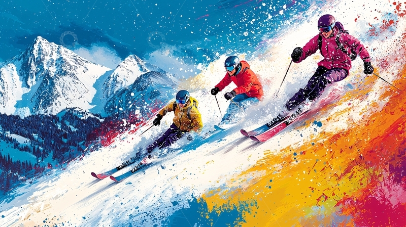 高清大图下载【趣麦麦图】雪山滑雪三个人