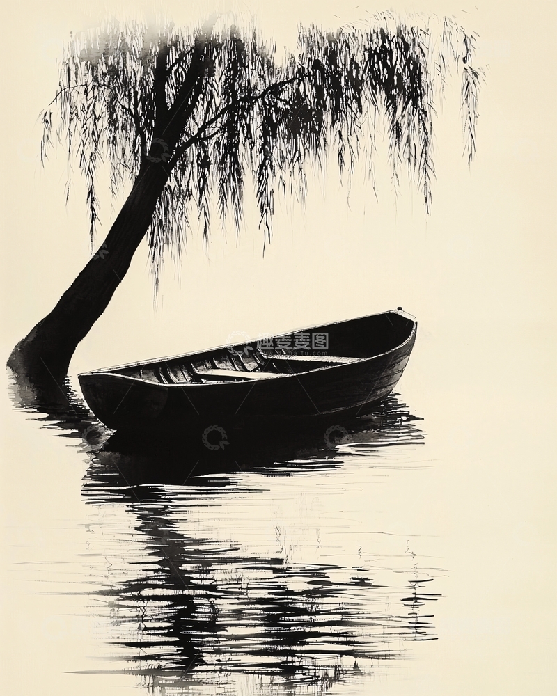 高清大图下载【趣麦麦图】水墨画风格垂柳小船