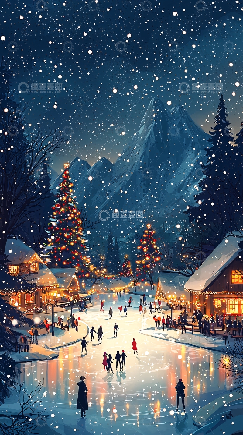 高清大图下载【趣麦麦图】冬夜雪景圣诞村庄