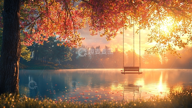 高清大图下载【趣麦麦图】秋日清晨湖边秋千