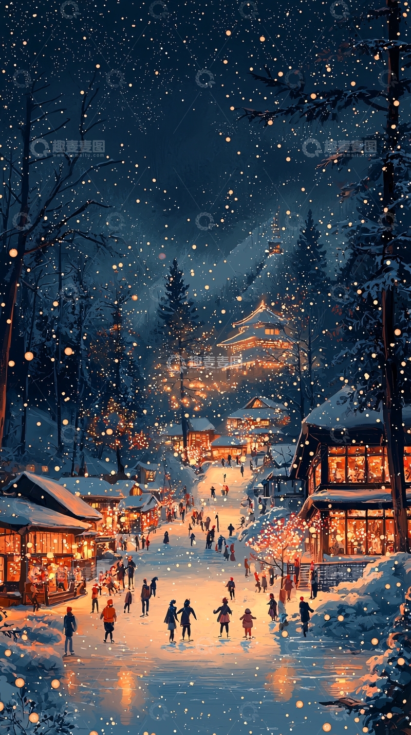高清大图下载【趣麦麦图】冬夜雪景小镇