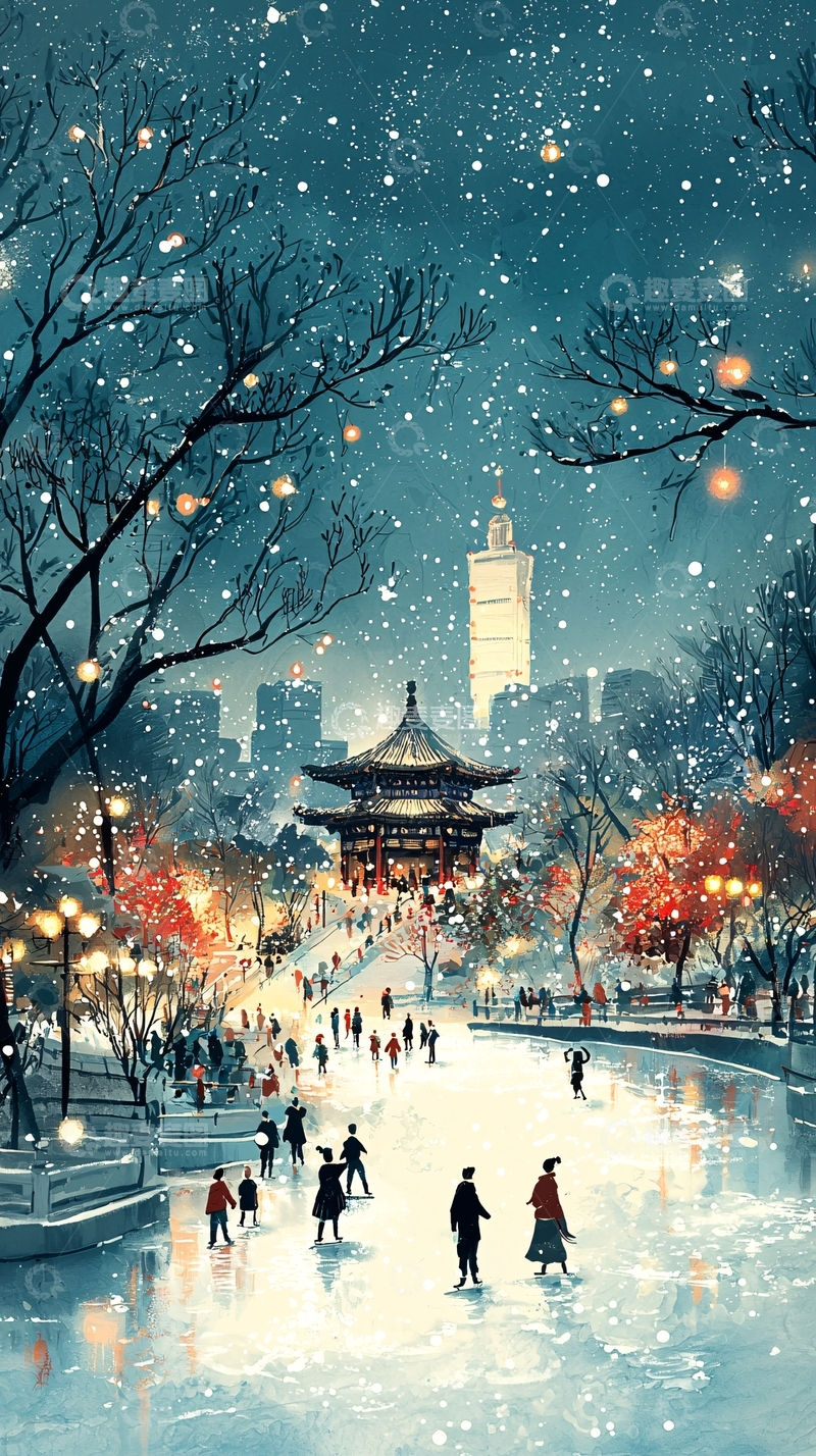 高清大图下载【趣麦麦图】冬夜雪景城市公园
