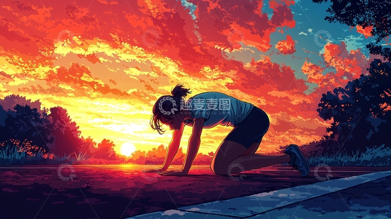 高清大图下载【趣麦麦图】夕阳下跑步的女孩