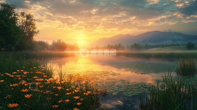 高清大图下载【趣麦麦图】清晨湖泊日出景色