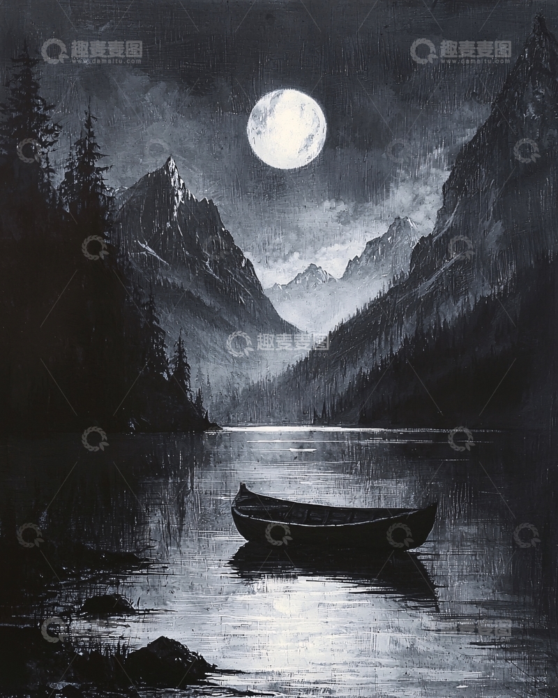 高清大图下载【趣麦麦图】月夜湖泊独木舟