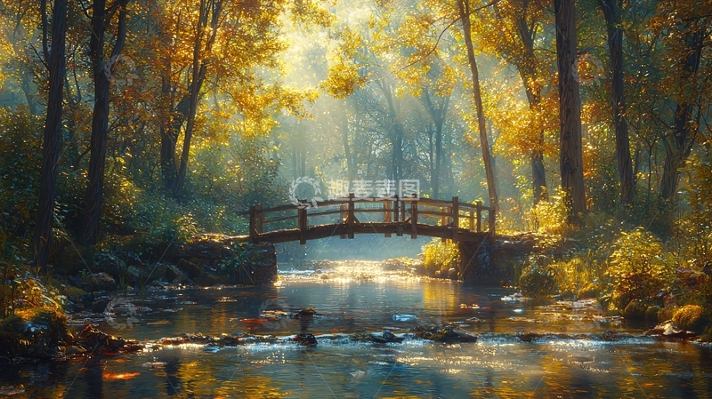 高清大图下载【趣麦麦图】秋日森林小桥流水