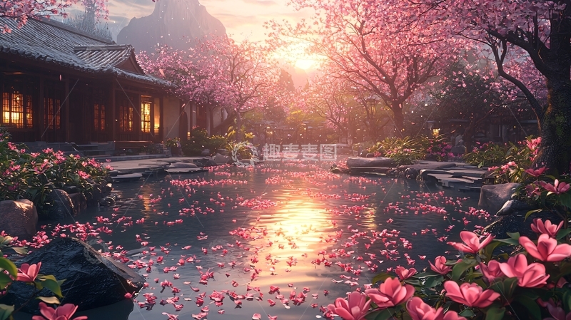 高清大图下载【趣麦麦图】日式庭院樱花落日