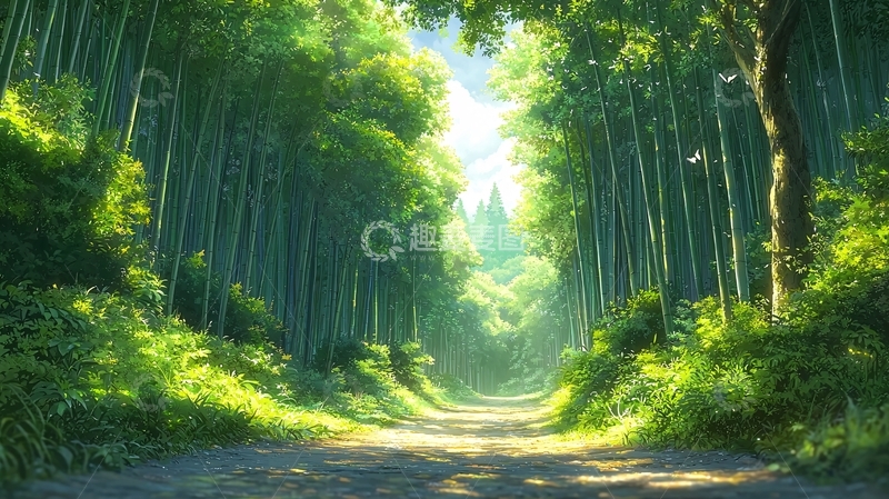高清大图下载【趣麦麦图】阳光洒落竹林小路