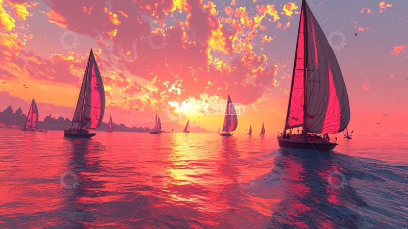 高清大图下载【趣麦麦图】日落帆船海景