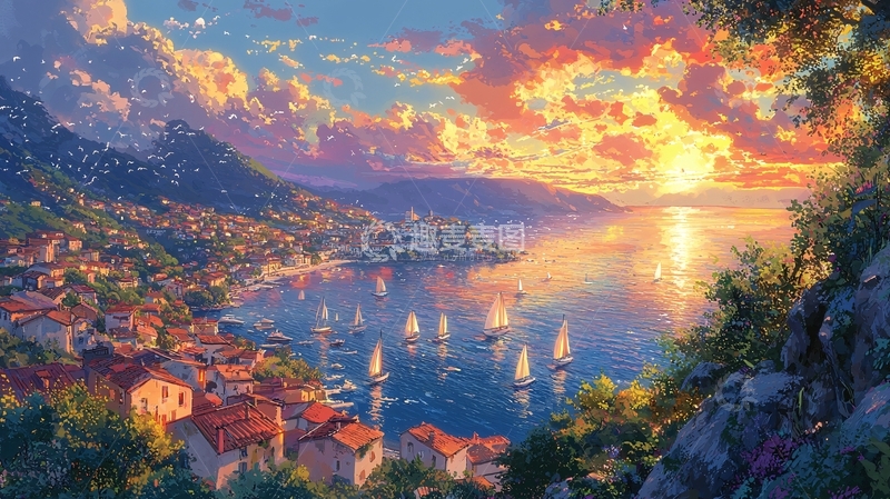 高清大图下载【趣麦麦图】海边小镇日落风景