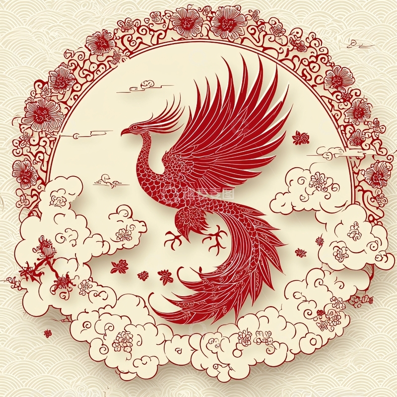 高清大图下载【趣麦麦图】红凤凰祥云纹样