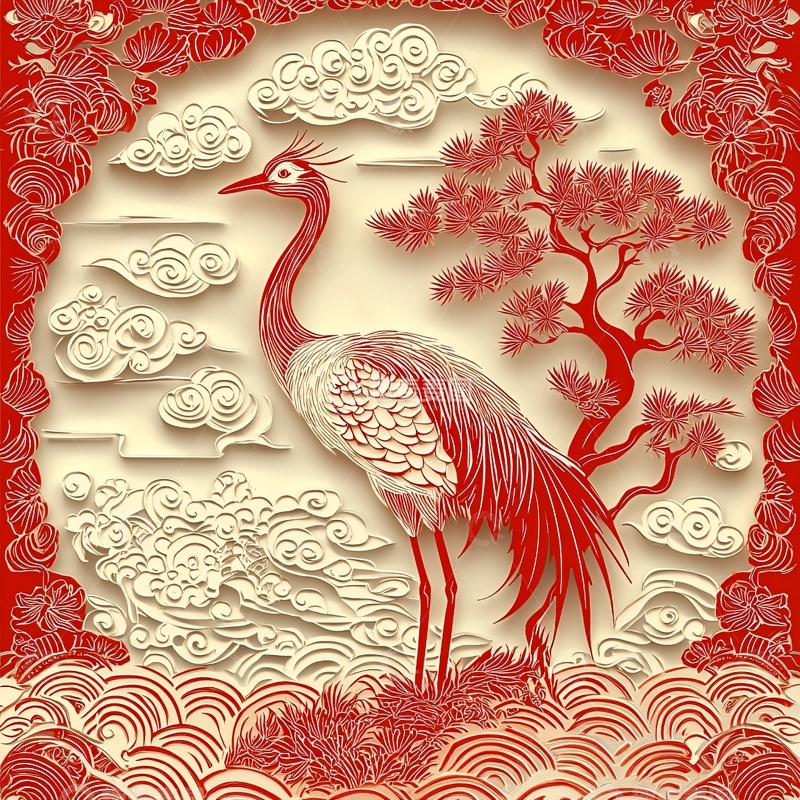 高清大图下载【趣麦麦图】红鹤祥云松树图