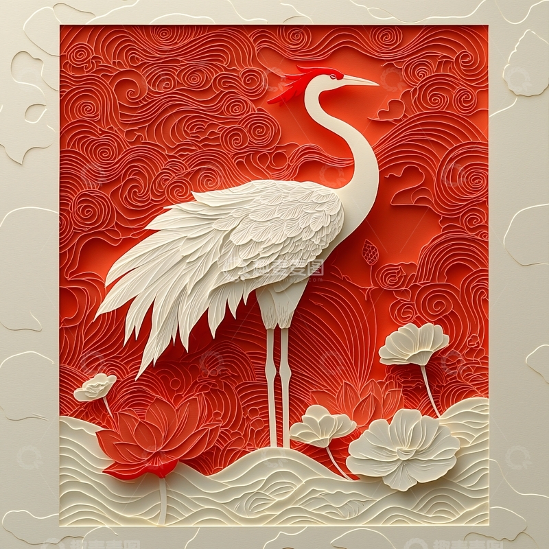 高清大图下载【趣麦麦图】红色背景纸雕仙鹤