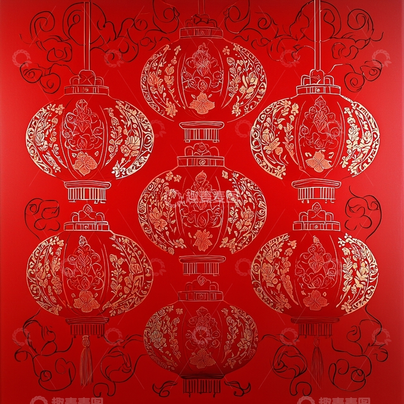 高清大图下载【趣麦麦图】红底金边中国风灯笼