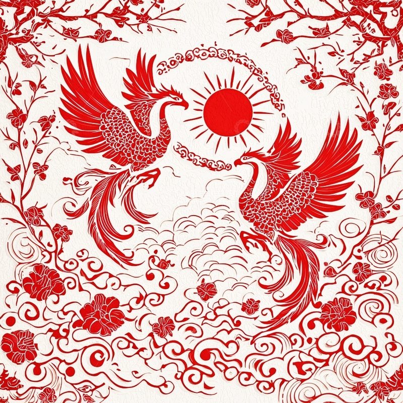 高清大图下载【趣麦麦图】红日祥云双凤图