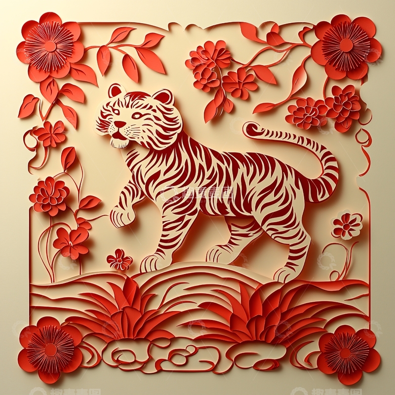 高清大图下载【趣麦麦图】红纸剪纸老虎