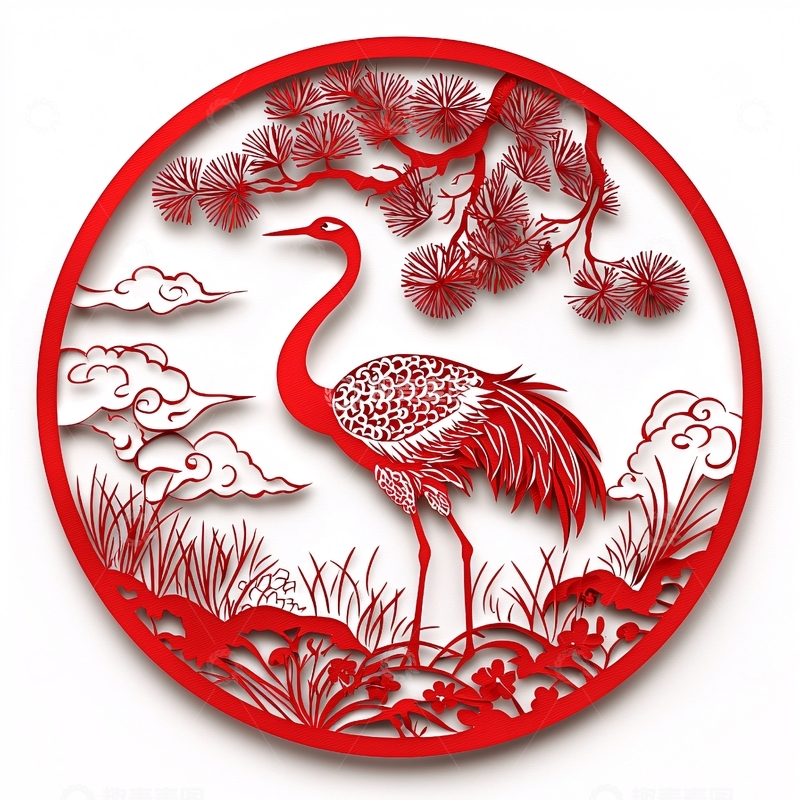 高清大图下载【趣麦麦图】红色剪纸仙鹤图
