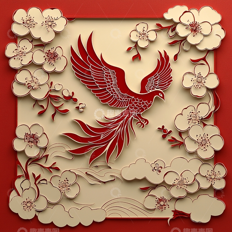 高清大图下载【趣麦麦图】红底祥云凤凰图