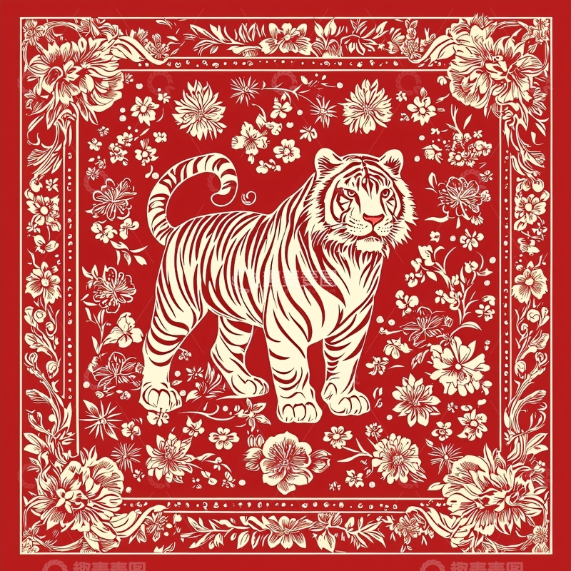 高清大图下载【趣麦麦图】红底白虎花卉图案