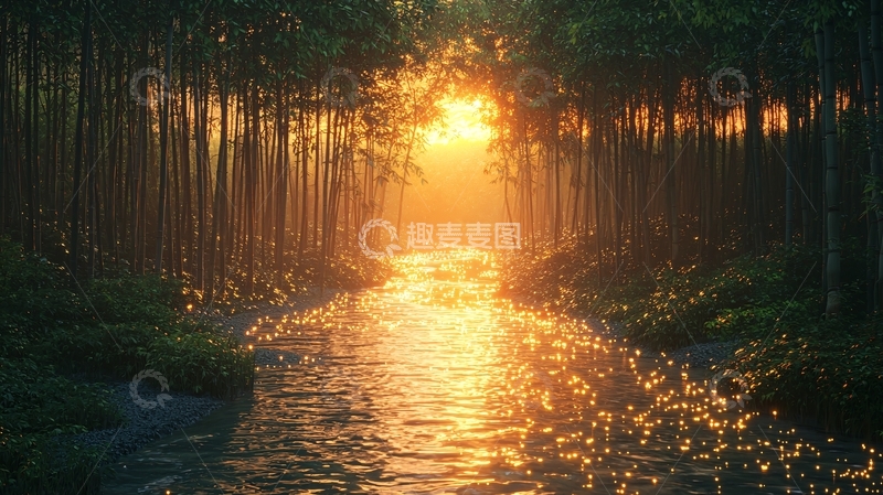 高清大图下载【趣麦麦图】森林小溪日落